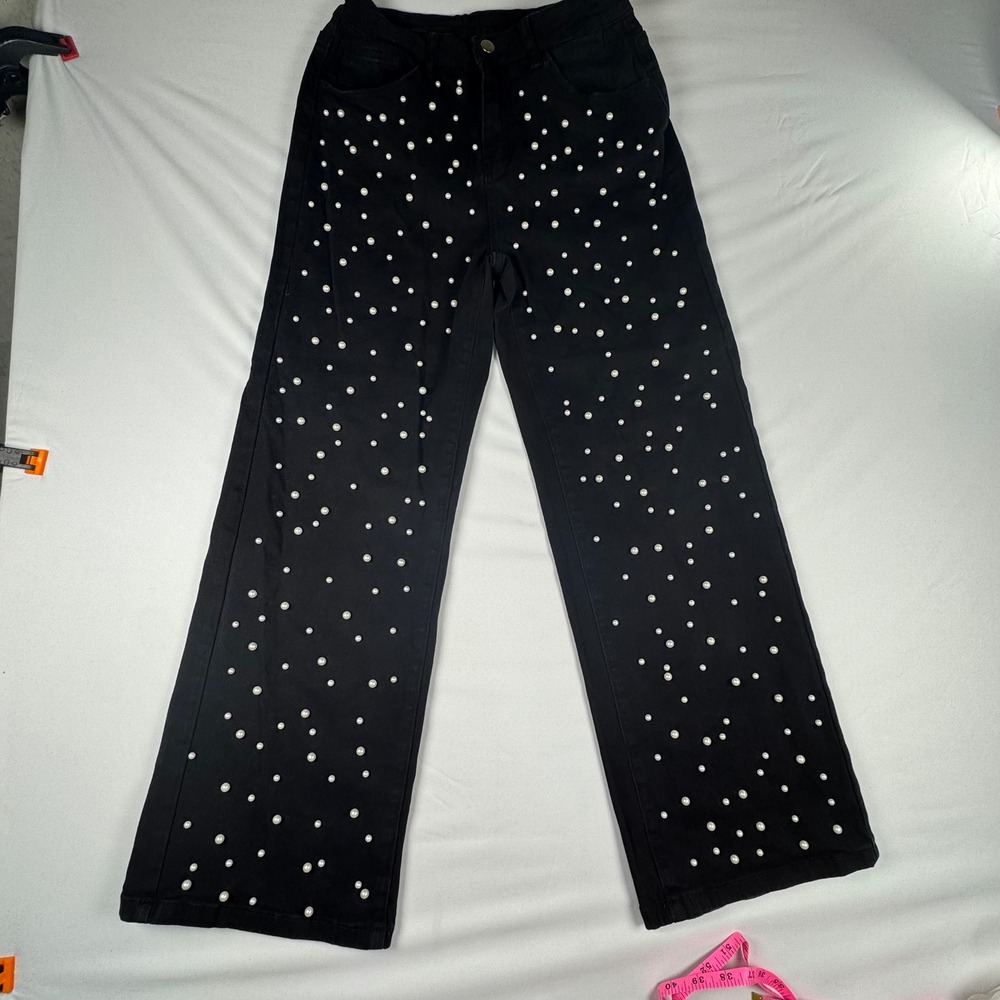 Unbranded‎ Black Pearl Embellished Wide Leg Jeans Womens Medium High Waist Pants